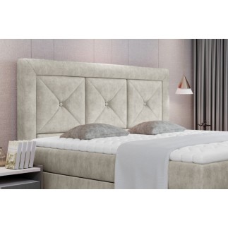 Ensemble boxspring complet tête de lit + sommiers + matelas + surmatelas IDYLLE - tissu luxe beige - 180x200 cm