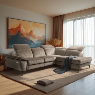 Canapé d'angle avec relax électrique tissu bouclette sensation velours