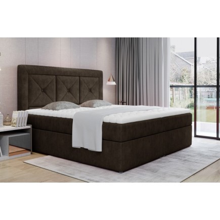 Ensemble boxspring complet tête de lit + sommiers + matelas + surmatelas IDYLLE - tissu luxe chocolat - 160x200 cm