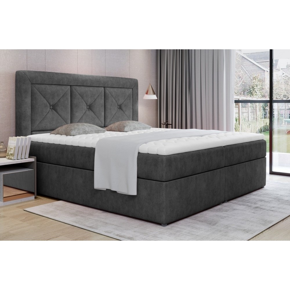 Ensemble boxspring complet tête de lit + sommiers + matelas + surmatelas IDYLLE - tissu luxe gris foncé - 160x200 cm