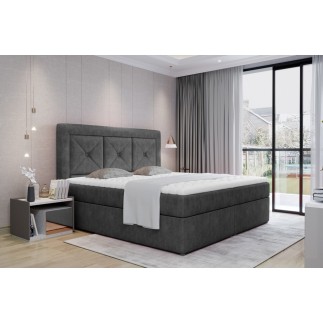 Ensemble boxspring complet tête de lit + sommiers + matelas + surmatelas IDYLLE - tissu luxe gris foncé - 160x200 cm