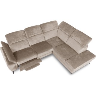 Canapé d'angle avec relax électrique tissu bouclette sensation velours, 5/6 places SINATRA, beige foncé, angle droit