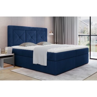 Ensemble boxspring complet tête de lit + sommiers + matelas + surmatelas IDYLLE - velours luxe bleu - 180x200 cm