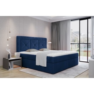 Ensemble boxspring complet tête de lit + sommiers + matelas + surmatelas IDYLLE - velours luxe bleu - 140x200 cm