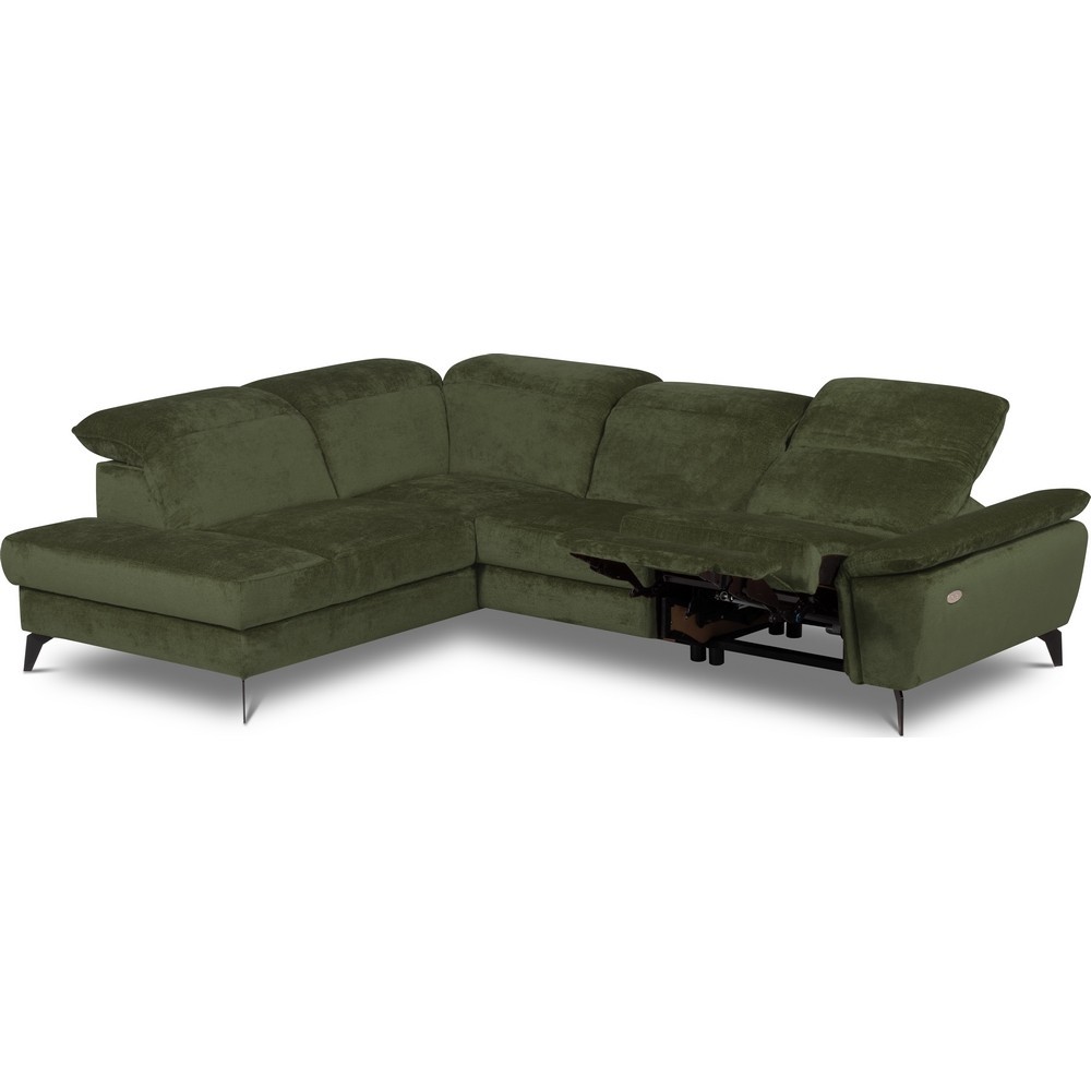 Canapé d'angle avec relax électrique tissu bouclette sensation velours, 5/6 places SINATRA, vert olive, angle gauche