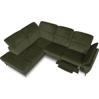 Canapé d'angle avec relax électrique tissu bouclette sensation velours, 5/6 places SINATRA, vert olive, angle gauche