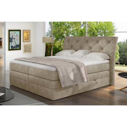 Ensemble boxspring complet tête de lit + sommiers + matelas + surmatelas MIRO tissu luxe beige - 180x200 cm