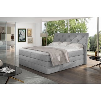 Ensemble boxspring complet tête de lit + sommiers + matelas + surmatelas MIRO tissu luxe gris - 180x200 cm