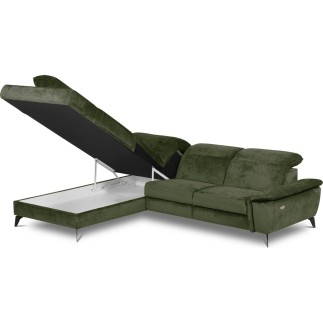 Canapé d'angle avec relax électrique tissu bouclette sensation velours, 5/6 places SINATRA, vert olive, angle gauche