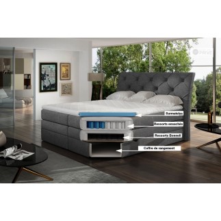 Ensemble boxspring complet tête de lit + sommiers + matelas + surmatelas MIRO tissu luxe gris foncé - 140x200 cm