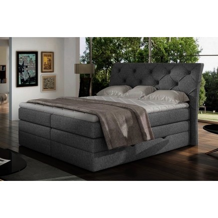 Ensemble boxspring complet tête de lit + sommiers + matelas + surmatelas MIRO tissu luxe gris foncé - 180x200 cm