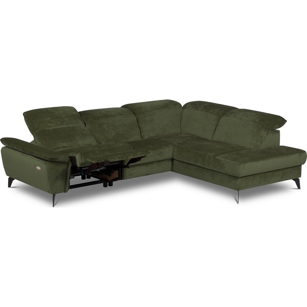 Canapé d'angle avec relax électrique tissu bouclette sensation velours, 5/6 places SINATRA, vert olive, angle droit
