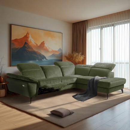 Canapé d'angle avec relax électrique tissu bouclette sensation velours, 5/6 places SINATRA, vert olive, angle droit