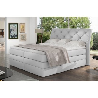Ensemble boxspring complet tête de lit + sommiers + matelas + surmatelas MIRO en simili blanc - 140x200 cm