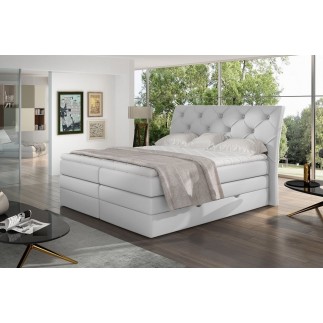 Ensemble boxspring complet tête de lit + sommiers + matelas + surmatelas MIRO en simili blanc - 160x200 cm