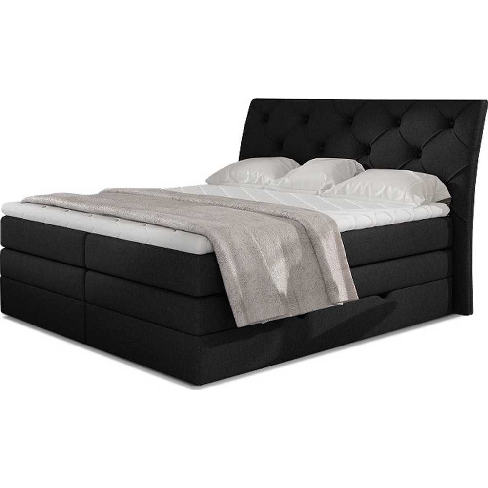 Ensemble boxspring complet tête de lit + sommiers + matelas + surmatelas MIRO tissu luxe noir - 180x200 cm
