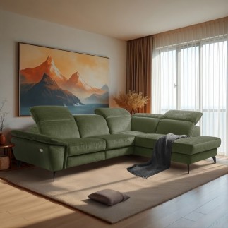 Canapé d'angle avec relax électrique tissu bouclette sensation velours, 5/6 places SINATRA, vert olive, angle droit