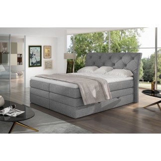 Ensemble boxspring complet tête de lit + sommiers + matelas + surmatelas MIRO tissu luxe gris - 140x200 cm