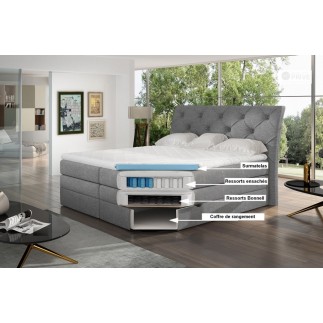 Ensemble boxspring complet tête de lit + sommiers + matelas + surmatelas MIRO tissu luxe gris - 160x200 cm
