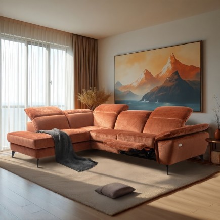 Canapé d'angle avec relax électrique tissu bouclette sensation velours, 5/6 places SINATRA, couleur terra, angle gauche
