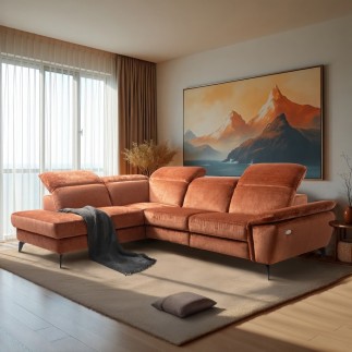 Canapé d'angle avec relax électrique tissu bouclette sensation velours