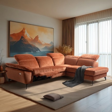 Canapé d'angle avec relax électrique tissu bouclette sensation velours, 5/6 places SINATRA, couleur terra, angle droit