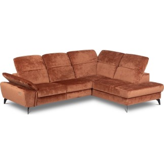 Canapé d'angle avec relax électrique tissu bouclette sensation velours, 5/6 places SINATRA, couleur terra, angle droit