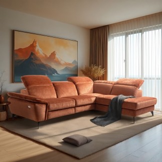 Canapé d'angle avec relax électrique tissu bouclette sensation velours, 5/6 places SINATRA, couleur terra, angle droit