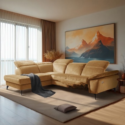 Canapé d'angle avec relax électrique tissu bouclette sensation velours, 5/6 places SINATRA, couleur miel, angle gauche
