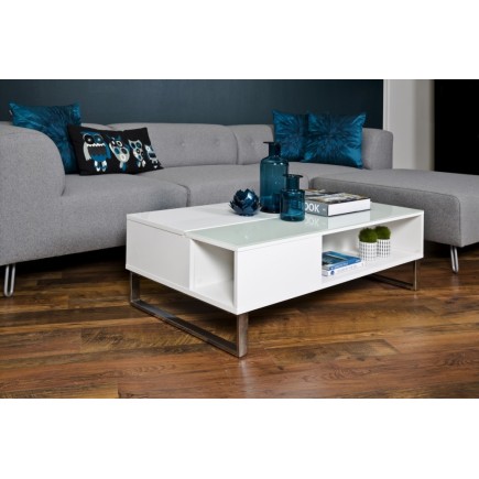 Table basse design réglable en hauteur, bois laqué blanc et verre, AZEMA