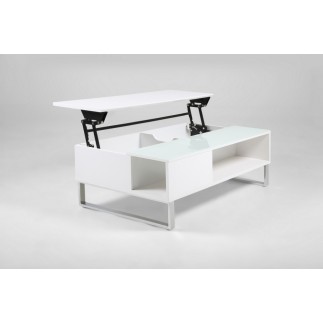 Table basse design réglable en hauteur, bois laqué blanc et verre, AZEMA