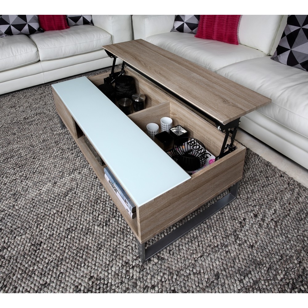 Table basse design réglage en hauteur, en bois clair et verre, AVENA