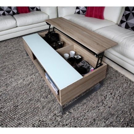 Table basse design réglage en hauteur, en bois clair et verre, AVENA
