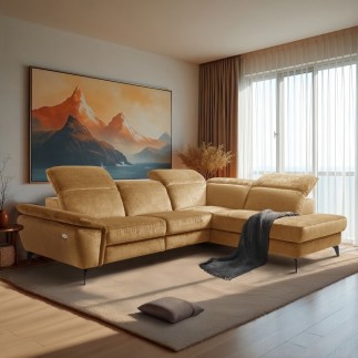 Canapé d'angle avec relax électrique tissu bouclette sensation velours