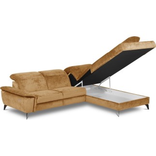 Canapé d'angle avec relax électrique tissu bouclette sensation velours, 5/6 places SINATRA, couleur miel, angle droit