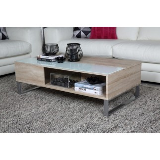 Table basse design réglage en hauteur, en bois clair et verre, AVENA