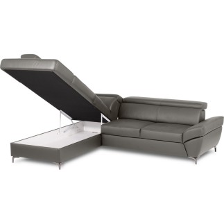 Canapé d'angle convertible en cuir italien luxe 5 places, MEMEZO, coffre, gris foncé, angle gauche