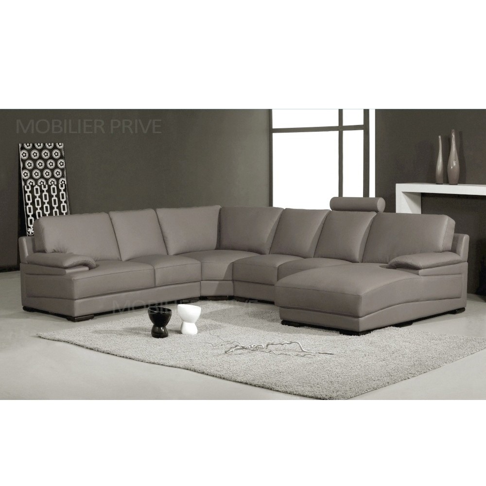 Canapé d'angle en cuir italien 6/7 places MISTER, gris clair, angle gauche