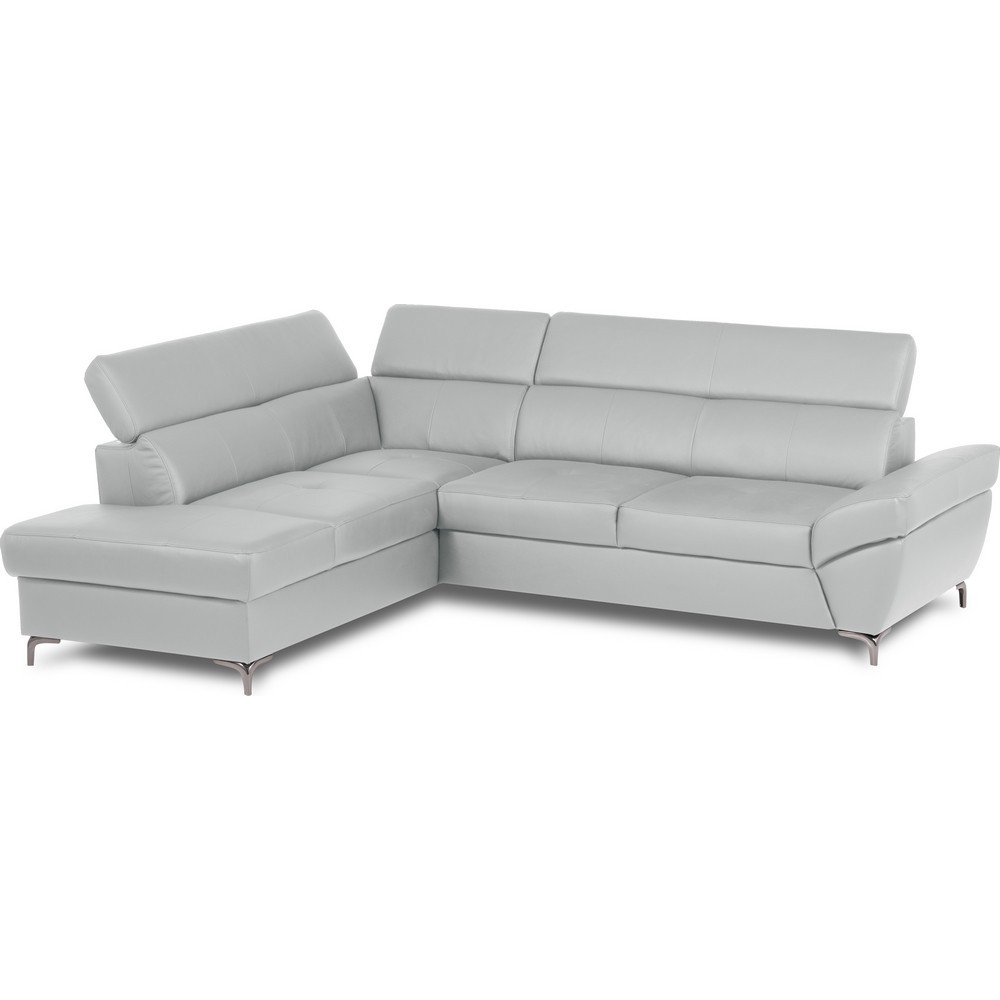 Canapé d'angle convertible en cuir italien luxe 5 places, MEMEZO, coffre, gris clair, angle gauche Canapé d'angle convertible en cuir italien luxe 5 places, MEMEZO, coffre, gris clair, angle gauche