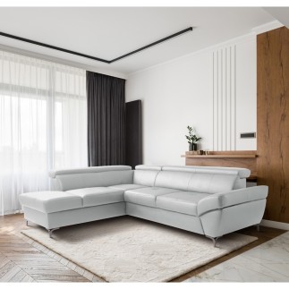 Canapé d'angle convertible en cuir italien luxe 5 places, MEMEZO, coffre, gris clair, angle gauche