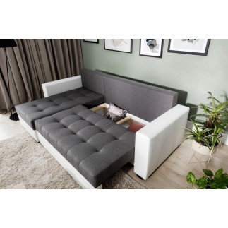 Canapé d'angle convertible - en tissu qualité gris clair et gris foncé, 4/5 places, avec coffre, angle gauche (vu de face), NEST