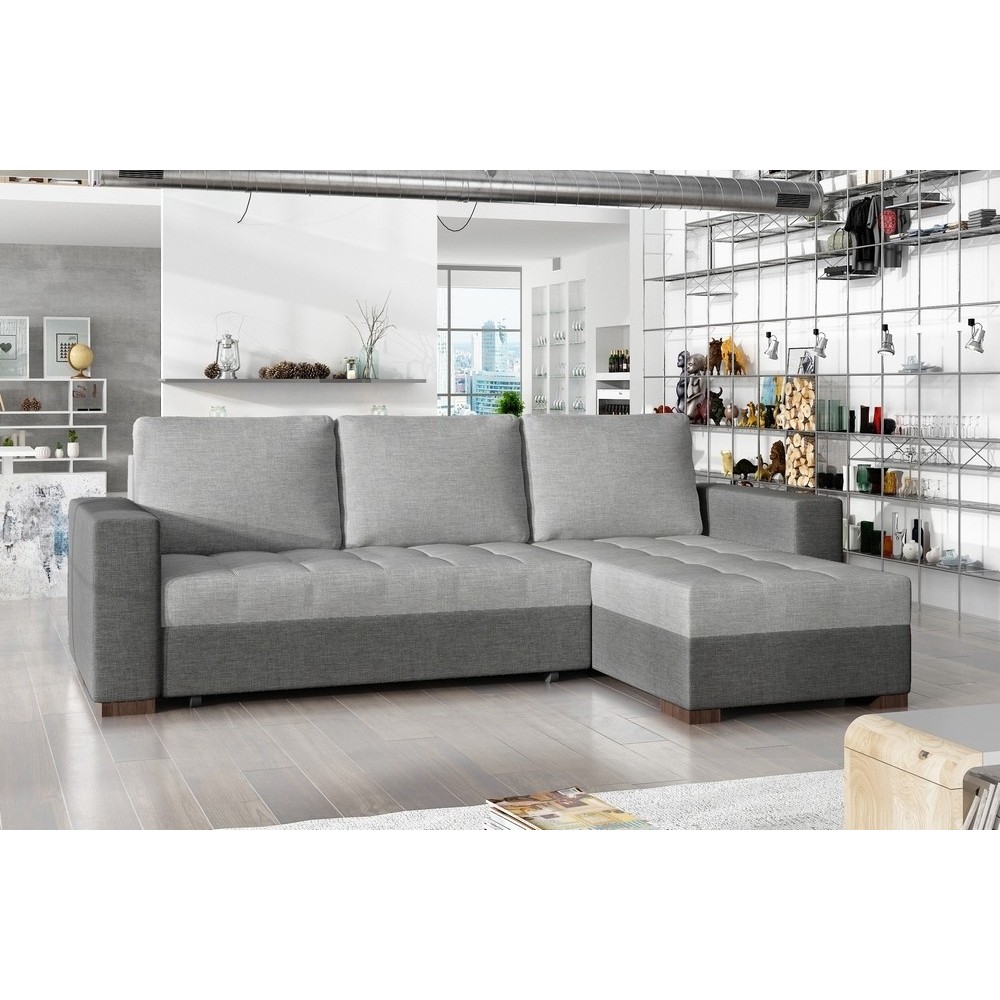 Canapé d'angle convertible en tissu qualité gris clair et gris foncé, 4/5 places, avec coffre, angle droit (vu de face), NESTOR