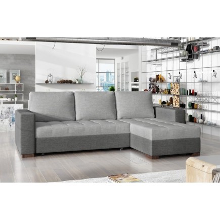 Canapé d'angle convertible en tissu qualité gris clair et gris foncé, 4/5 places, avec coffre, angle droit (vu de face), NESTOR