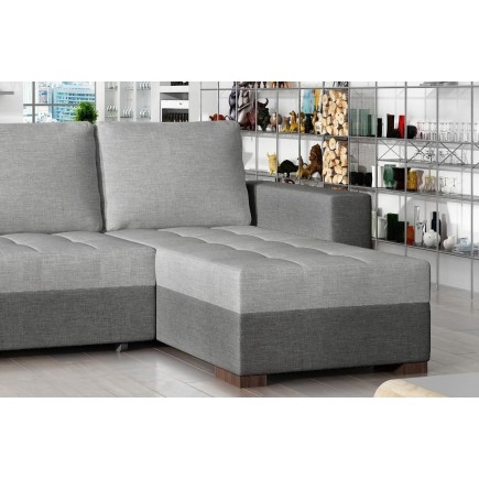 Canapé d'angle convertible en tissu qualité gris clair et gris foncé, 4/5 places, avec coffre, angle droit (vu de face), NESTOR