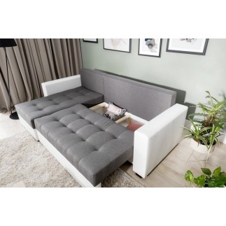 Canapé d'angle convertible - en tissu qualité gris clair, 4/5 places, avec coffre, angle gauche (vu de face), NESTOR