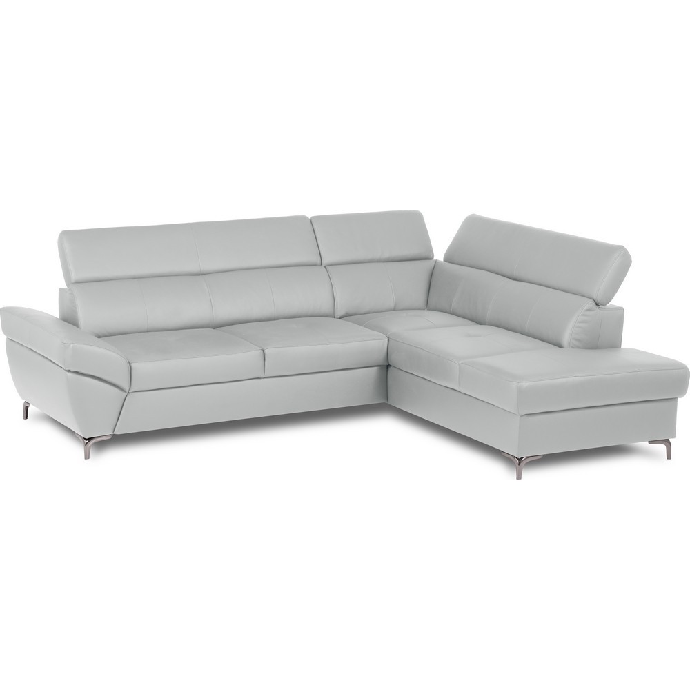 Canapé d'angle convertible en cuir italien luxe 5 places, MEMEZO, coffre, gris clair, angle droit Canapé d'angle convertible en cuir italien luxe 5 places, MEMEZO, coffre, gris clair, angle droit