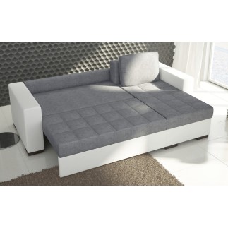 Canapé d'angle convertible en tissu qualité gris clair, 4/5 places, avec coffre, angle droit (vu de face), NESTOR
