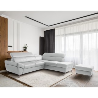 Canapé d'angle convertible en cuir italien luxe 5 places, MEMEZO, coffre, gris clair, angle droit