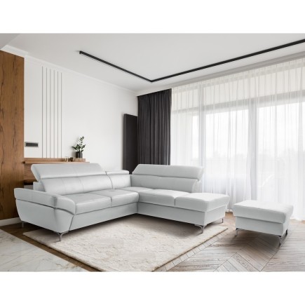 Canapé d'angle convertible en cuir italien luxe 5 places, MEMEZO, coffre, gris clair, angle droit