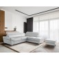 Canapé d'angle convertible en cuir italien luxe 5 places, MEMEZO, coffre, gris clair, angle droit Canapé d'angle convertible en cuir italien luxe 5 places, MEMEZO, coffre, gris clair, angle droit